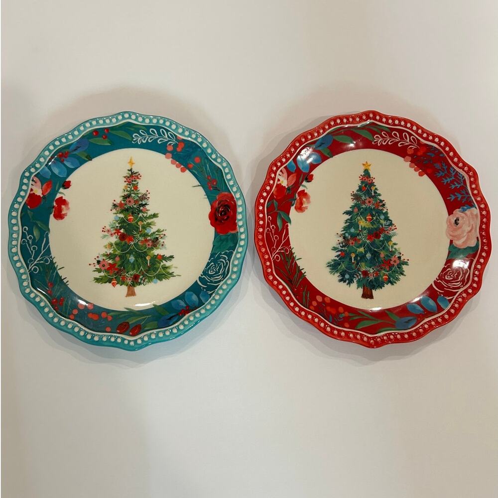 Pioneer Woman Winter Christmas Tree 6.5" plates teal & red